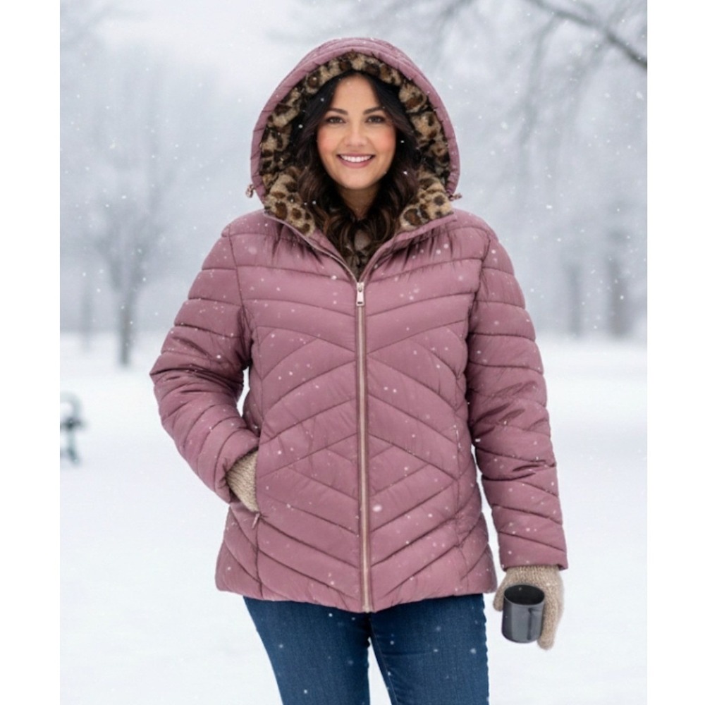 Big Chill Puffer Jacket Women 1X Mauve Leopard Faux Fur‎ Trim Hood Lightweight